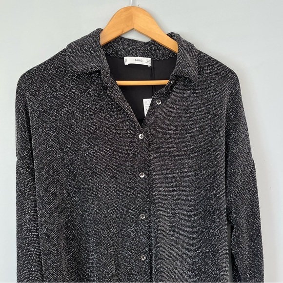 Mango Long Sleeve Collared Neckline Silver Glitter Button Down Shirt Size S NWT - Picture 7 of 16